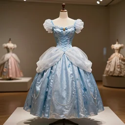 the film still photographed image is a fantasy vintage royal summer day dress ensemble from the 1 9 6 0 s. the ensemble is inspired by cinderella. it is displayed on a mannequin in a museum exhibit.