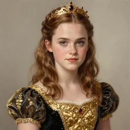 annasophia robb emma watson portrait as young princess, golden and black dress, intricate, elegant, highly detailed, digital painting, artstation, concept art, sharp focus, illustration, art by aleksi briclot, rutkowski