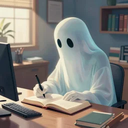 detailed colorful concept art of a ghost writing a book in an office