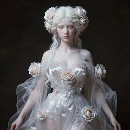 neoclassical art closed wonderful portrait of a wonderful sweet expressive symmetrical albino goddess with wonderful eyes and dressed with a majestic semi transparent silk roses long dress, ornate, intricate, detailed, dramatic light, octane render