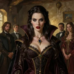 majestic gracious regal aristocratic brunette female vampire portrait, rustic room, atmospheric lighting, painted, menacing, intricate, volumetric lighting, beautiful, rich deep colours masterpiece, golden hour, sharp focus, hyper realistic, ultra detailed, by leesha hannigan, ross tran, thierry doizon, kai carpenter, ignacio fernandez rios