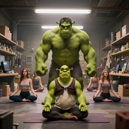 the hulk and shrek doing yoga poses in the morning, produced in surreal sweatshop under fluorescent dominion, advanced, photorealistic, realistic, dramatic lighting, fantastic reality, by michelangelo, 8 k resolution