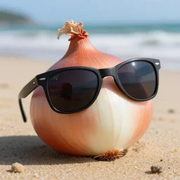onion wearing sunglasses on the beach, hyper realistic, detailed, 4k