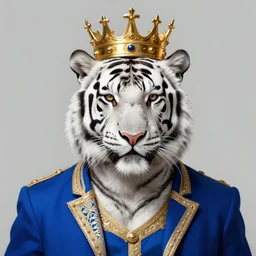 artwork of a white tiger king with gold crown and blue king suit, concept art, portrait, super detailed, 4 k hd, trending on artstation, digital painted, low contrast, made by greg rutkowski and viktoria gavrilenko