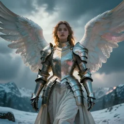 angel, big wings, low key light, full plate armor with cloth, f 1 6, bokeh, extreme close up portrait, gentle, female, snowy mountain, storm clouds, god rays, landscape, d & d, fantasy, elegant, teal pink white gold color palette, concept art, artgerm and greg rutkowski and alphonse mucha