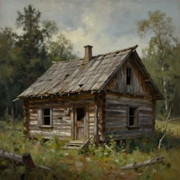 a beautiful painting of of an old abandoned log cabin from evil dead movie by greg rutkowski and kalin popov, trending on artstation, masterpiece,