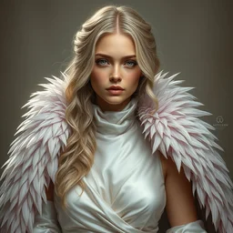 portrait painting of a beautiful blonde woman with a kind face wearing a feathered cloak and a fancy silk white dress, ultra realistic, concept art, intricate details, eerie, highly detailed, photorealistic, octane render, 8 k, unreal engine. art by artgerm and greg rutkowski and charlie bowater and magali villeneuve and alphonse mucha