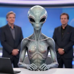 a grey alien interview on television, photograph. hyper detailed, realism,, treinding on artstation, tv studio, centered, beautiful, by ross tran, by boris vallejo
