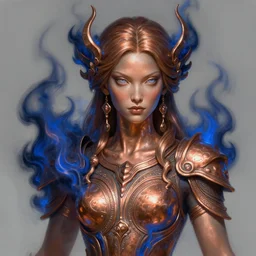 stunning goddess of copper smithing portrait, steel, dark blue flames, smoke, fantasy, intricate, elegant, highly detailed, digital painting, artstation, concept art, smooth, sharp focus, illustration, art by afshar petros and krenz cushart and artem demura and tony sandoval