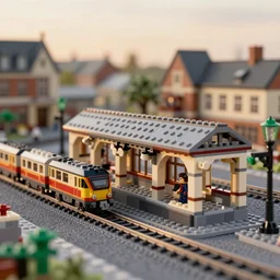 lego town with railway station and train, highly detailed, photo realistic, depth of field, dusk, golden hour