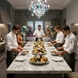 !view from the kitchen, chefs cooking, in the background we see 13 diverse aliens enjoying a rich salad around a marble table, !positioned as last supper cinematic lighting, crystals and diamonds, fantasy, surreal, floating, highly detalied, 4k, artstation, by Wayne Barlowe