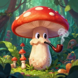 mushrroom with cartoon eyes smoking a pipe in the jungle, highly detailed, psychodelic, colorfull, anime style