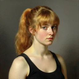 portrait of woman with strawberry blond hair by bastien lecouffe - deharme and charles bowater, bangs, large ponytail, black tank top