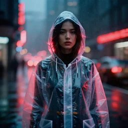 A portrait photography of a woman wearing a futuristic transparent raincoat with hoodie on a rainy day. Neo noir style. Cyberpunk city. High quality. Cinematic. Extreme Swirly bokeh. Red neon lights and glow in the background. Cinestill 800T film. Depth of field. Lens flare. Detailed.