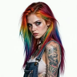 tattooed attractive grungy woman with rainbow hair, drunk, angry, soft eyes and narrow chin, dainty figure, long hair straight down, torn overalls, basic white background, side boob, wet shirt, wet, raining, highly detailed face, realistic face, beautiful detailed eyes, fantasy art, in the style of greg rutkowski, illustration, epic, fantasy, intricate, hyper detailed, artstation, concept art, smooth, sharp focus, ray tracing, vibrant,