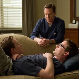 scene from a movie by Michael Bay, a handsome middle-aged therapist listening to his patient who is a nerdy hunk laying on the couch, talk about his dreams