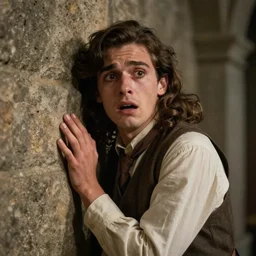 An utterly terrified young man with long hair in 1930s attire cornered with his back against a stone wall. Scared look, panic, horror