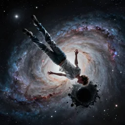 spaghettification of a man falling into a black hole, at the event horizon he gets stretched by his feet, elongated like plastic man in an infinite spiral toward the center of the black hole, sharp focus, dynamic, cinematic lighting, highly detailed, galaxy, nebula, artstation, divine, by gauthier leblanc, kazuya takahashi, huifeng huang