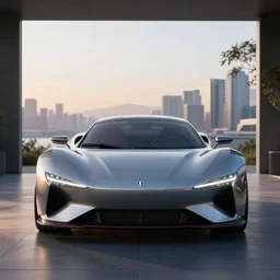 a car designed by zaha hadid, in front of a gorgeous view.