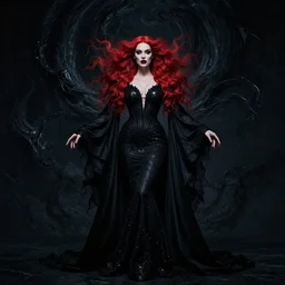style of rafael albuquerque, artgerm, conrad roset, hubert robert : : gorgeous mary elizabeth winstead : : evil sorceress, swirling black magic, black dress : : symmetrical face, symmetrical eyes : : full body pose : : gorgeous red hair : : cinematic lighting : :