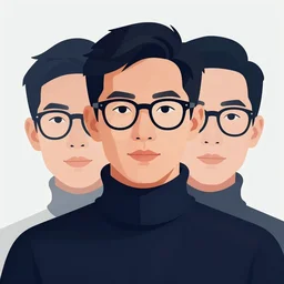 2 d character design, a asian male with glasses in turtleneck, symmetrical face, vector art, digital art, portrait, 4 k, 8 k, sharp focus, smooth, illustration, concept art, mucha