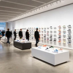 long exposure photography, people. large nike boutique flagship retail. white walls. polished concrete floor. display tables with colorful shoes and varied clothes. bright digital screens on walls. low ceilings with downlights and spots. white corian and oak furniture. plants. muted colors.