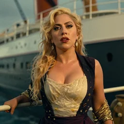 movie still of a lady gaga with a very big sweaty bust, standing on the upper deck outside, titanic ship exterior, directed by Quintin Tarantino