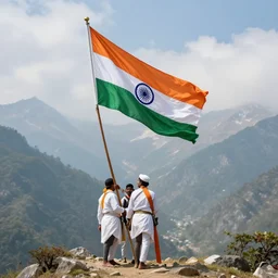 realistic photo of indian national flag hoasting on mountains, very sharp focus, very hyper realistic, highly detailed, fantasy art station