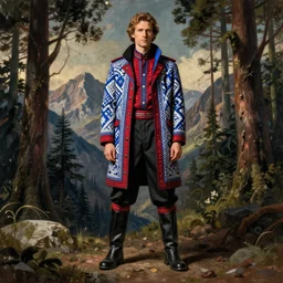 black red blue white cloth fabric jodhpurs knee high boots travel coat fashion, solo hiking in mountains trees, greg manchess painting by sargent and leyendecker, studio ghibli, fantasy, asymmetrical, intricate, elegant, matte painting, illustration, hearthstone, by greg rutkowski, by greg tocchini, by james gilleard, by joe fenton