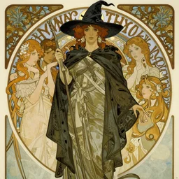witch by alphonse mucha, ayami kojima, yoshitaka amano, charlie bowater, karol bak, greg hildebrandt, jean delville, and mark brooks, art nouveau, pre - raphaelite, neo - gothic, gothic, art nouveau, intricate fine details, exquisite, rich deep moody colors, beautiful detailed background