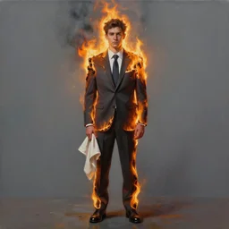 a hyper realistic painting of a patient young man in a burning business suit, cloth is burning, full body painting, long shot, coherent symmetrical eyes, calm face, by jeffrey smith, by andrea kowch, by steve henderson, masterpiece, trending on artstation,