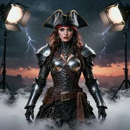 fashion pose, symmetry!!! closeup portrait of a biblical diabolical pirate hunter girl, stylish cyborg armor, in clouds, strong studio lights, thunder, rain! storm, sunset, by gerald brom, by mikhail vrubel, by peter elson, high contrast, muted colors, extreme detail, mirrors, trending on artstation, 8 k