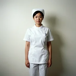 ortrait of a nurse standing at wall, photo by wiliam eggleston