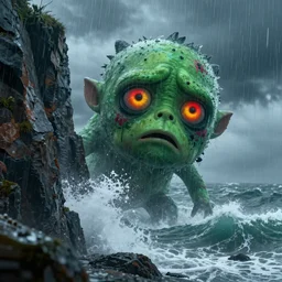 the pain is splattered on the sad monster's green face on a rainy day with stormy waves crashing against a cliff, his red and yellow eyes watch you, fantasy, unreal engine