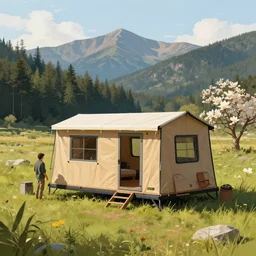 cabela's beautiful comfortable outdoors micro - compact modular hard shell pop up house, family dwelling, quick assembly, person in foreground, mountainous forested wilderness open fields, beautiful views, painterly concept art, joanna gaines, environmental concept art, farmhouse, magnolia, concept art illustration by ross tran, james gurney, by craig mullins, by greg rutkowski