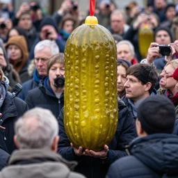 a crowd of people worshipping a pickle