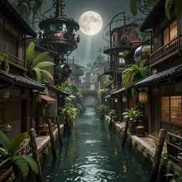 a canal in venice, dystopian, steampunk style, Tomer Hanuka style, amazing Traditional Japanese alley lane on full moon, machinery and wires, lush vegetation and ferns, sun rays, octane render, trending on artstation, hyper detailed, cinematic