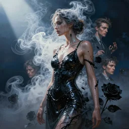 3 d, swirling white and black smoke, mist, sun rays, fierce fashion model, sweat skin, liquid black metal, black roses, poster art, high detail, intricate oil painting, multiple exposure, deep blue mood, hyperrealism, 3 d, by tooth wu and wlop and beeple, greg rutkowski and zack snyder