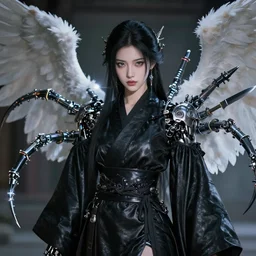 buddhist taoist wuxia art style hd photo detailed portrait of angelic cg anime girl beautiful face and mechanical tentacles and knives and synaptic glows wearing black silk leather robe photorealistic cinematic technoir shot with leica zeiss depth of field and lens flare in style of frank miller alex ross kentaro miura giger ito junji davinci trending on pixiv artstation flickr