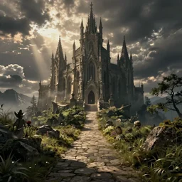 fantasy environment with a path leading to a gothic castle. Atmospheric. Unreal engine. Digital art