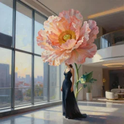 giant flower under head, woman next to modern windows, luxury apartment, surreal photography, dramatic light, impressionist painting, digital painting, artstation, james gilleard
