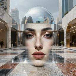 detailed face of an arabic woman, travertine and stainless steel courtyard, terrazzo, tectonic cityscape, skydome, reactor, utopian, wet reflections, prism, atmospheric, ambient, pj crook, syd mead, livia prima, artgerm, greg rutkowski, nick alm, casey baugh