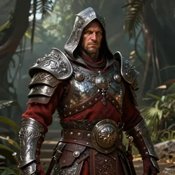 unknown the elder scrolls vi hammerfall, battle hardened imposing male redguard character portrait partially clothed in hooded metal - plated exquisitely detailed hooded battle armour, desert, tropical jungle setting, atmospheric lighting, painted, intricate, volumetric lighting, beautiful, rich deep colours masterpiece, sharp focus, ultra detailed