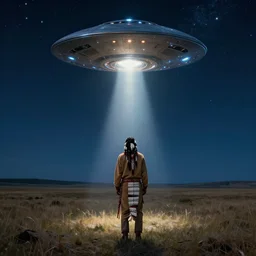 native american standing on the open plains looking up into the night sky at an alien spaceship shining a light down onto the ground, digital art