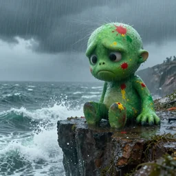 the pain is splattered on the sad monster's green face on a wind - blown rainy day, stormy waves crashing against a cliff, hints of red and yellow, fantasy, unreal engine