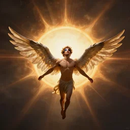 a man with artificial wings flies in front of the sun, eclipse, icarus, epic painting, high contrast