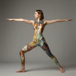 an octane render. hyper detailed full body portrait of a russian girl doing yoga wearing a pilot jumpsuit dress designed by balenciaga by alphonse mucha, norman rockwell and john berkey