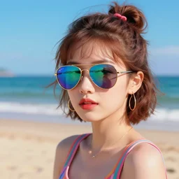 synthwave, retrowave, cute 1 9 7 0 s girl wearing aviator reflective sunglasses at the beach, perfection, artstation