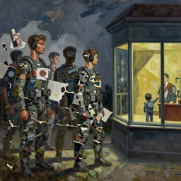 night stalkers, painting by shaun tan, detailed, intricate, torn paper decollage, oil on canvas by edward hopper, ( by mattias adolfsson ), by moebius