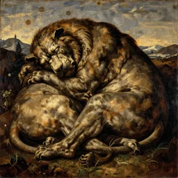 renaissance style painting of a sleeping giant curled into themselves